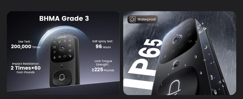 Smart Lock with Camera, 3-in-1 WiFi Doorbell Keyless Entry Door Lock, Deadbolt Lock for Front Door, Fingerprint, Keypad Code, App Control, IP65 Waterproof, BHMA, Support Alexa&Google Assistant