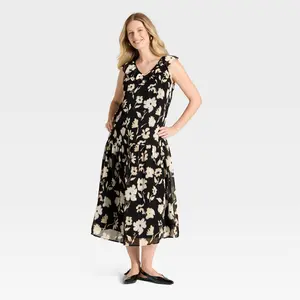 Flutter Short Sleeve Drop Waist Maxi Maternity Dress - Isabel Maternity by Ingrid & Isabel Black/Cream Floral M