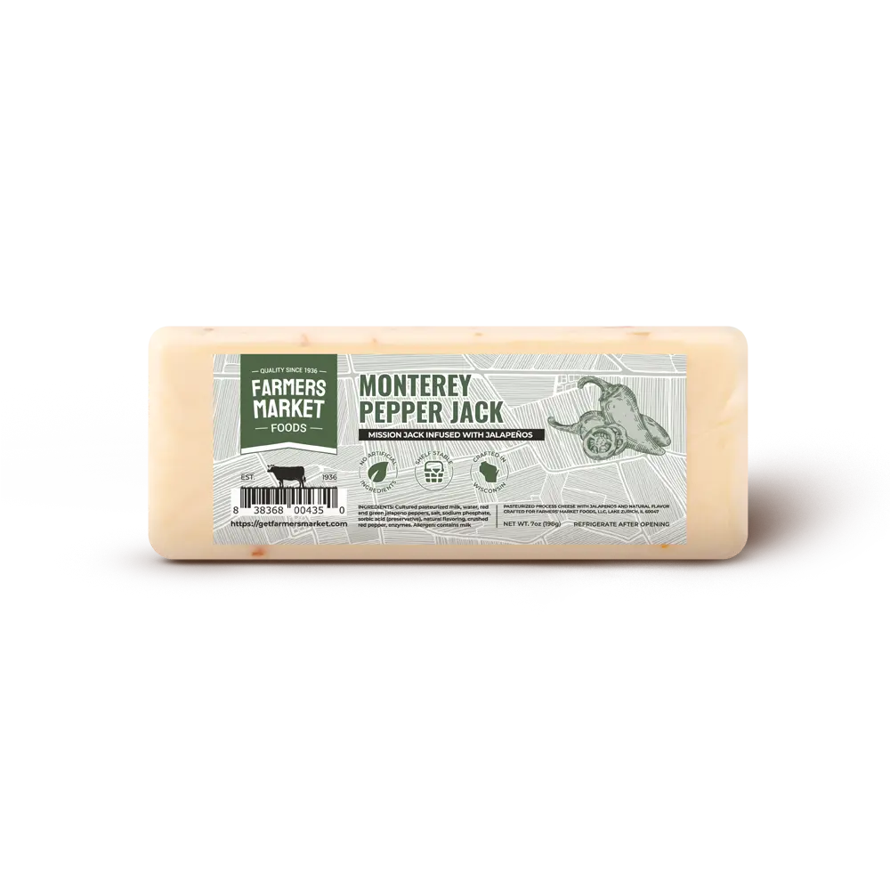 Farmers Market Monterey Pepper Jack Cheese Block - Wisconsin Cheese with Jalapenos, Gluten Free, Keto Friendly, Low Sodium, Zero Sugar, High Protein Snack Cheese, 7 oz Baking Dairy