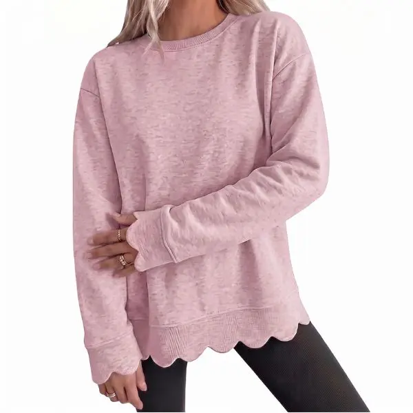 Fisoew Women's Light Vintage Heather Crew Neck Oversized Tunic Sweatshirt - Long Sleeve, Wavy Scallop Hem & Cuff, Loose Essential Everyday Fall Layering Pullover Top