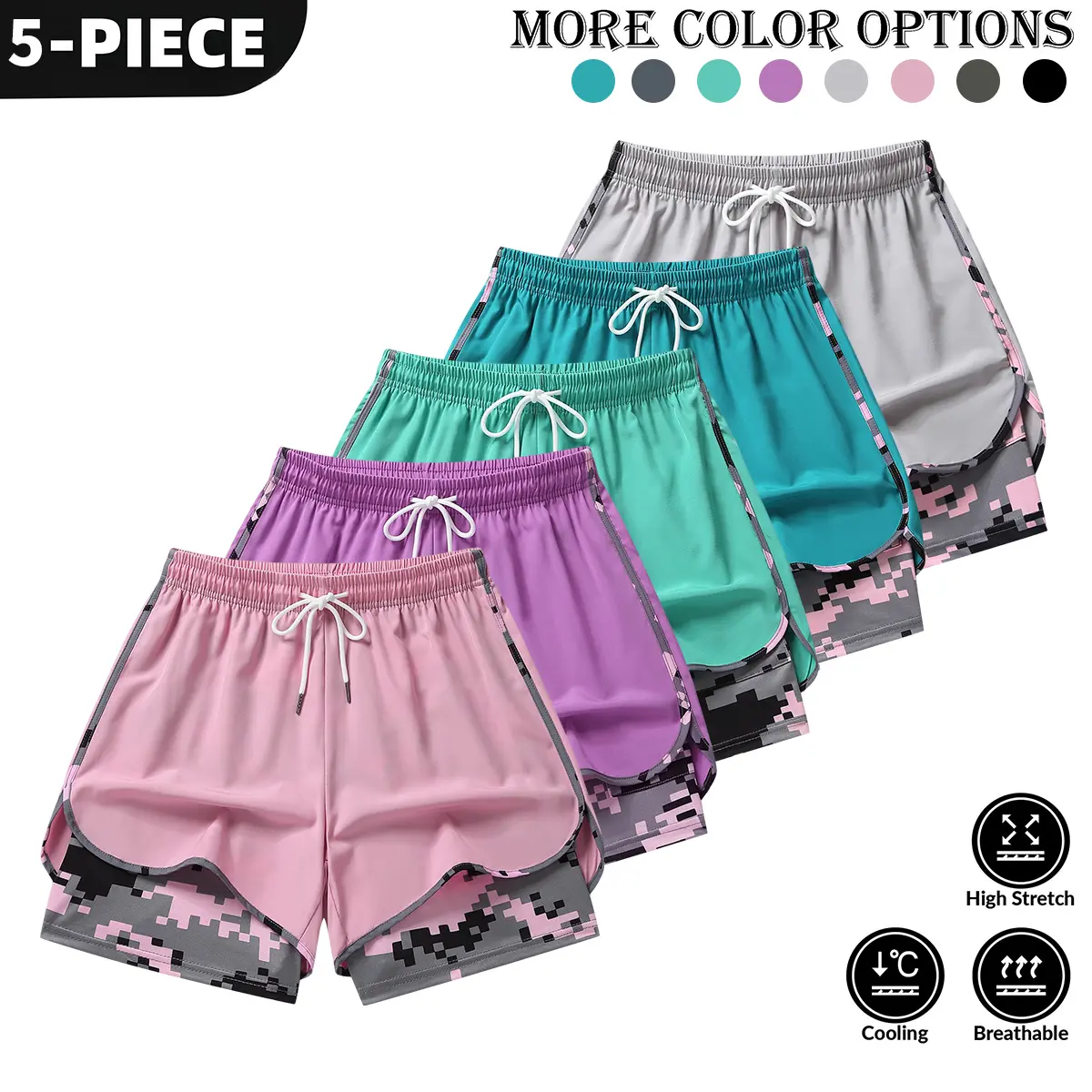 Women’s summer casual athletic shorts featuring a two-piece layered design with camouflage print, suitable for running and everyday workouts Women’s summer casual athletic shorts featuring a two-piece layered design with camouflage print, suitable for running and everyday workouts