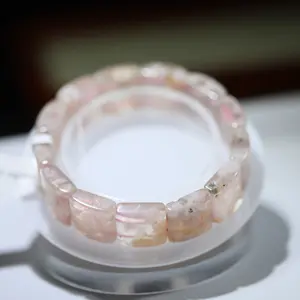 【Sakura agate】(Random shipping)Sakura Agate Gray Pink Bangle For Women Faceted Oval Beads Crystal Rock Elastic Bangle