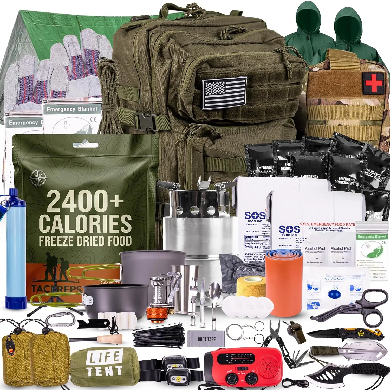 TacPreps 72-Hour Survival Kit | Emergency Bug Out Bag with First Aid, Water Filter, Food, Tools | 45L Tactical Backpack for Camping, Hiking, Outdoor Emergency Preparedness