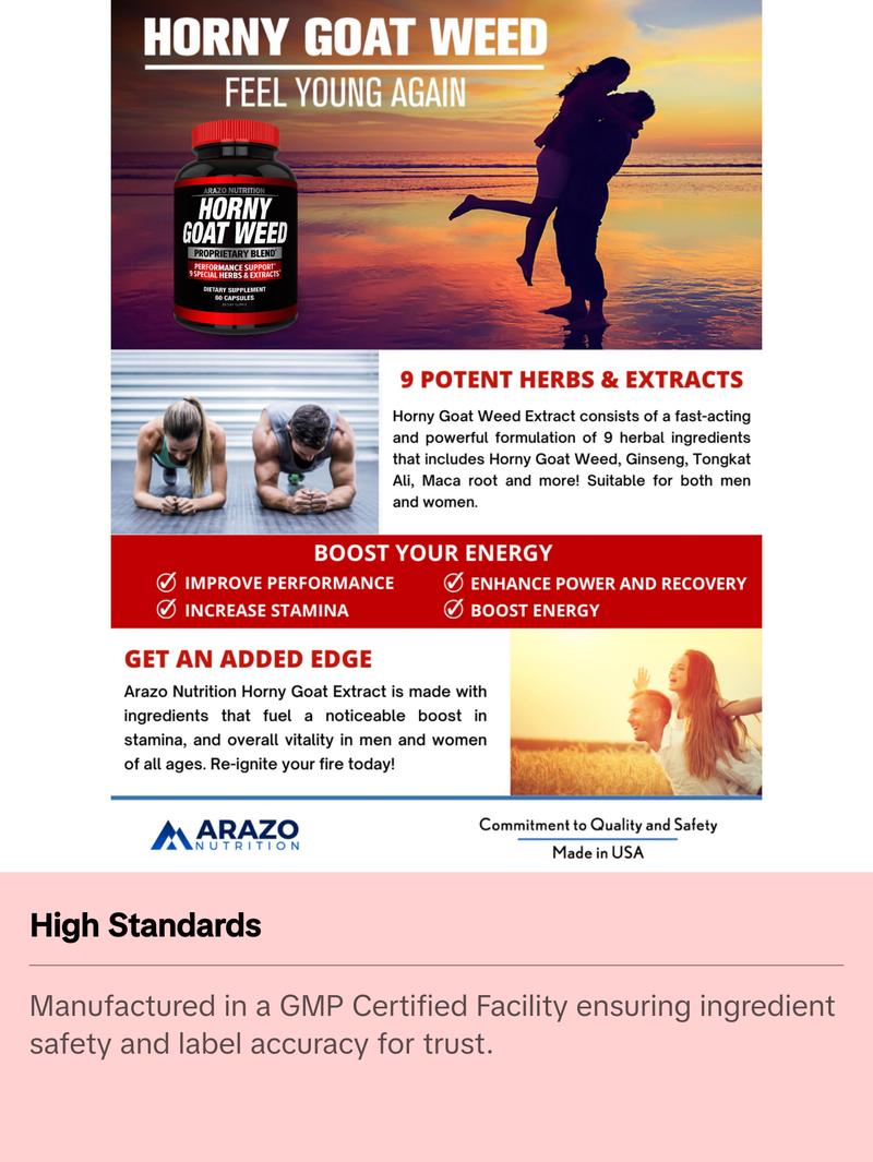 Arazo Nutrition Horny Goat Weed Proprietary Blend 1000mg Fast Acting Powerful 9 Herbs Tongkat Ali Saw Palmetto L Arginine 60 Capsules