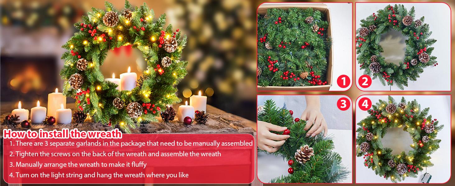24 Inch Prelit Christmas Wreath, Artificial Christmas Wreath for Front Door with LED Lights, Pine Cones, Pine Needles, and Red Berries, Reef for Door Window Mantel Indoor/Outdoor Home Decoration