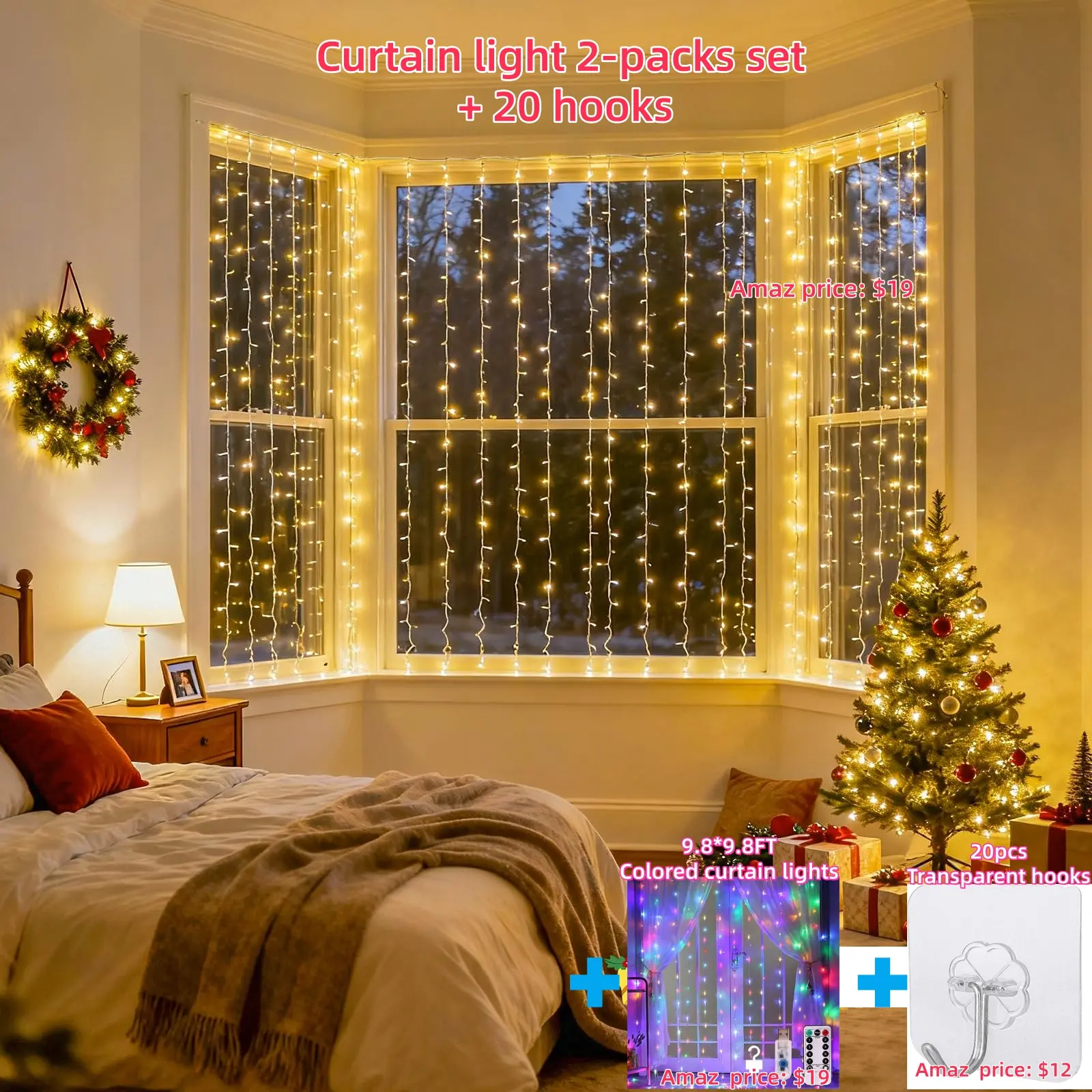 valentine's day decor Giaki Curtain Fairy Lights 300 LED (3m×3m) | Warm White IP44 Waterproof | Christmas Decorations & Christmas Haul Must-Have | Bedroom Wedding Party Lights with Free accessories