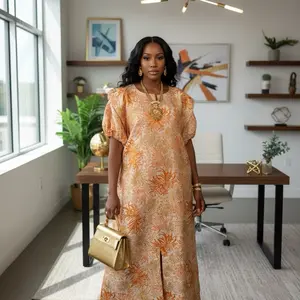 Diva Brocade Bubu Dress - Elegant Orange Floral Print with Puff Sleeves and Gold Accents