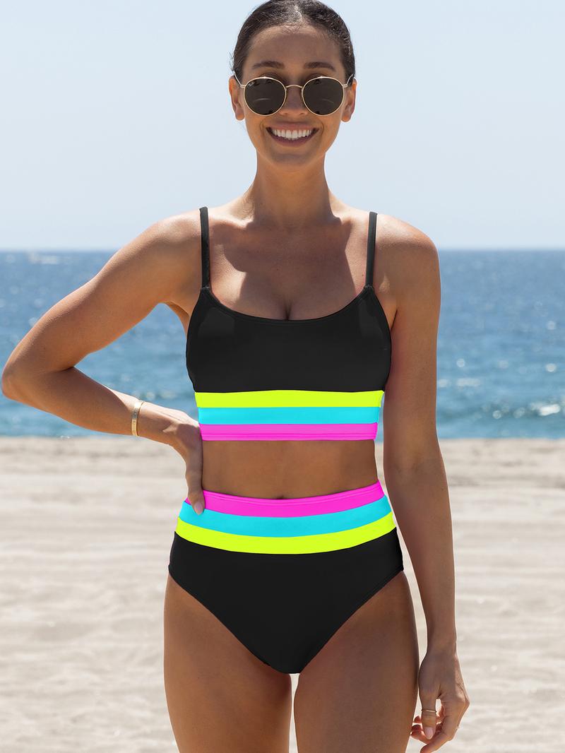 Popvil Patchwork Sporty 3 Piece Bikini Sets,Tummy Control & High Waisted Swimsuit with Wide Shoulder Straps