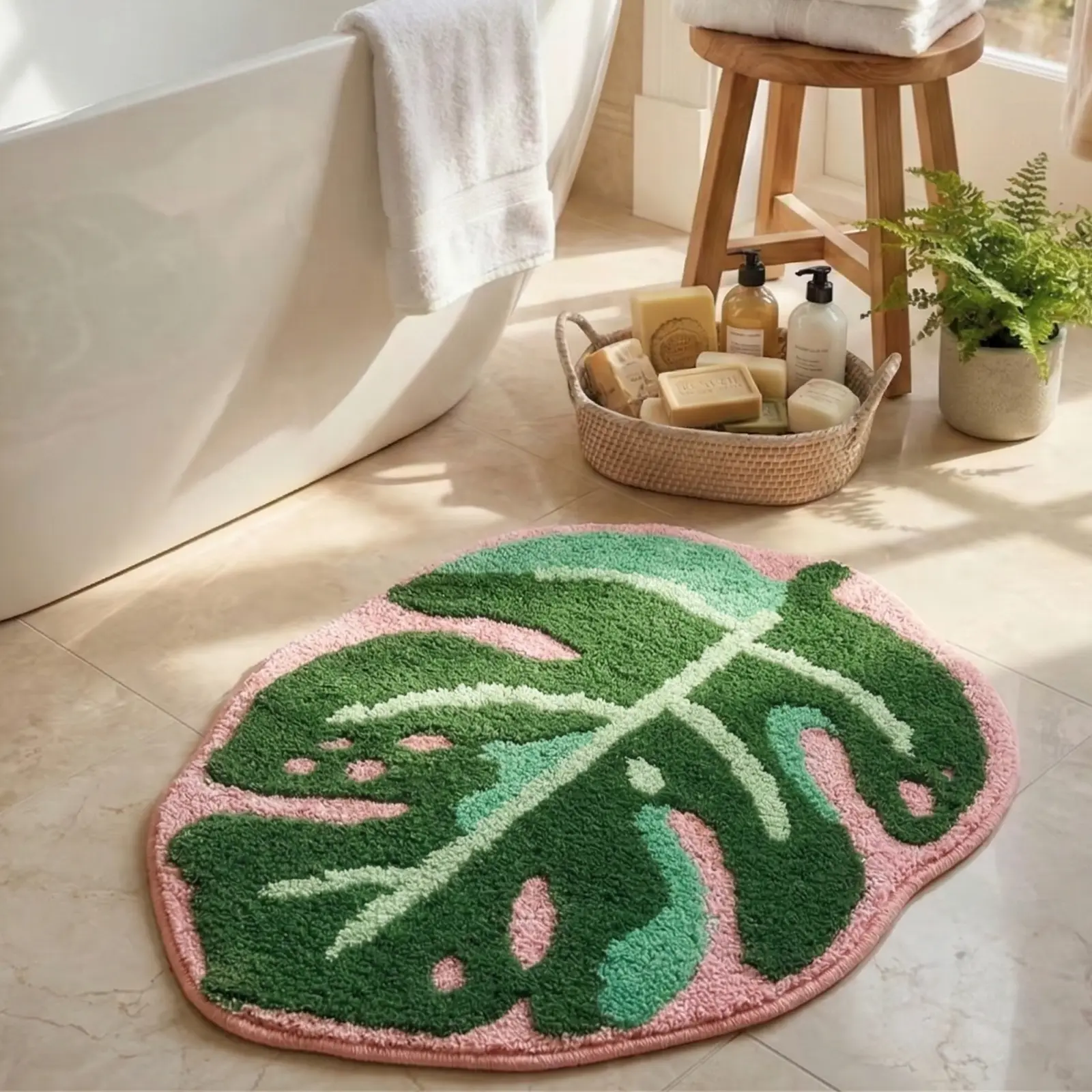 Monstera Bath Mat Cute Leaf Bath Mat Non Slip Soft Bathtub Mat | Palm Shaped Plush Fun Area Rug,Absorbent Bath Mat Machine Washable Green And Pink Leaf Mat
