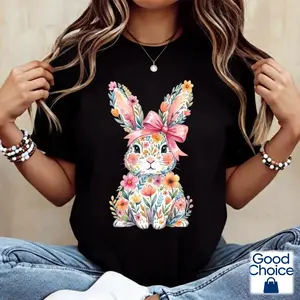 Floral Easter Bunny T-Shirt - Cute Watercolor Bunny with Pink Bow Graphic Tee, Easter Outfit for Women, Spring Celebrations & Family Gatherings PLK0053