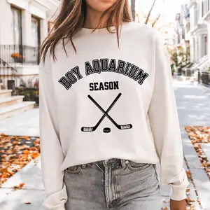 Boy Aquarium Varsity Sweatshirt, Vintage Hockey Season Crewneck, Cotton Graphic Sweatshirt, Retro Sports Style Pullover, Unisex Casual Top