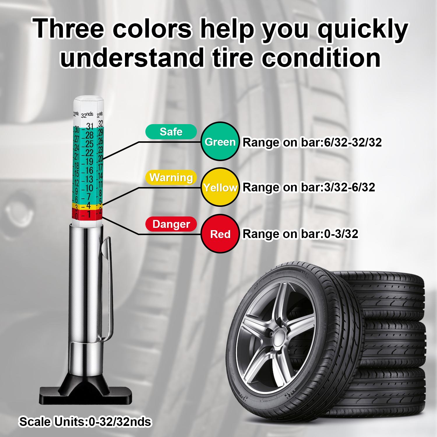 Universal 5PCS Tire Tread Depth Gauge, Color Coded Tire Depth Gauge with Pocket Clip in 1/32 Inch Increments, Accurate Tread Gauge Depth 32nds Measuring Tool for Car, Semi Truck Tire Tread Checker