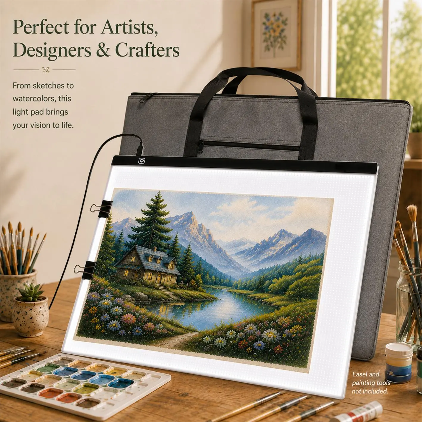 A2 Creative LED Light Board Set, Slim Dotted Drawing Pad with Clear Acrylic Edge, Type-C Powered Tracing Board with 3 Light Levels, Optional Carry Bag & Binder Clips for Diamond Painting, Sketching and DIY