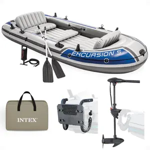 Intex 5 Person Inflatable Fishing Boat, Trolling Motor and Boat Motor Mount Kit