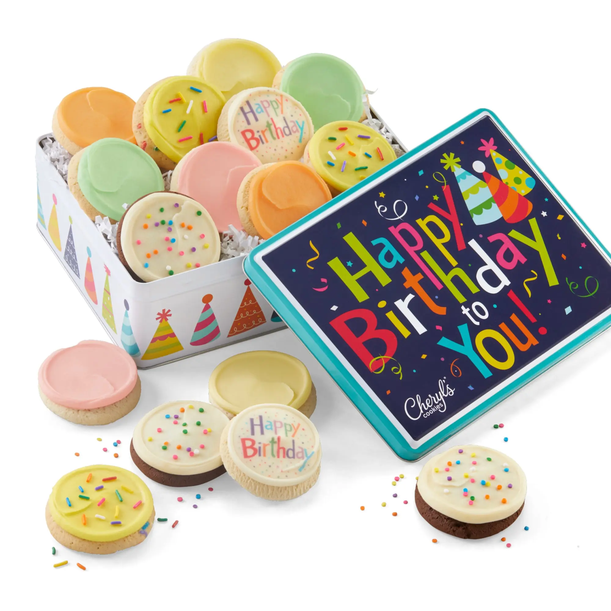 Cheryl's Cookies® Birthday Cookie Gift Tin,16 Individually Wrapped Buttercream-Frosted Cookies, Birthday Cake, Sugar, Chocolate Cake, Key Lime, Orange Citrus, Fruity Flavors, Kosher, Birthday Gift