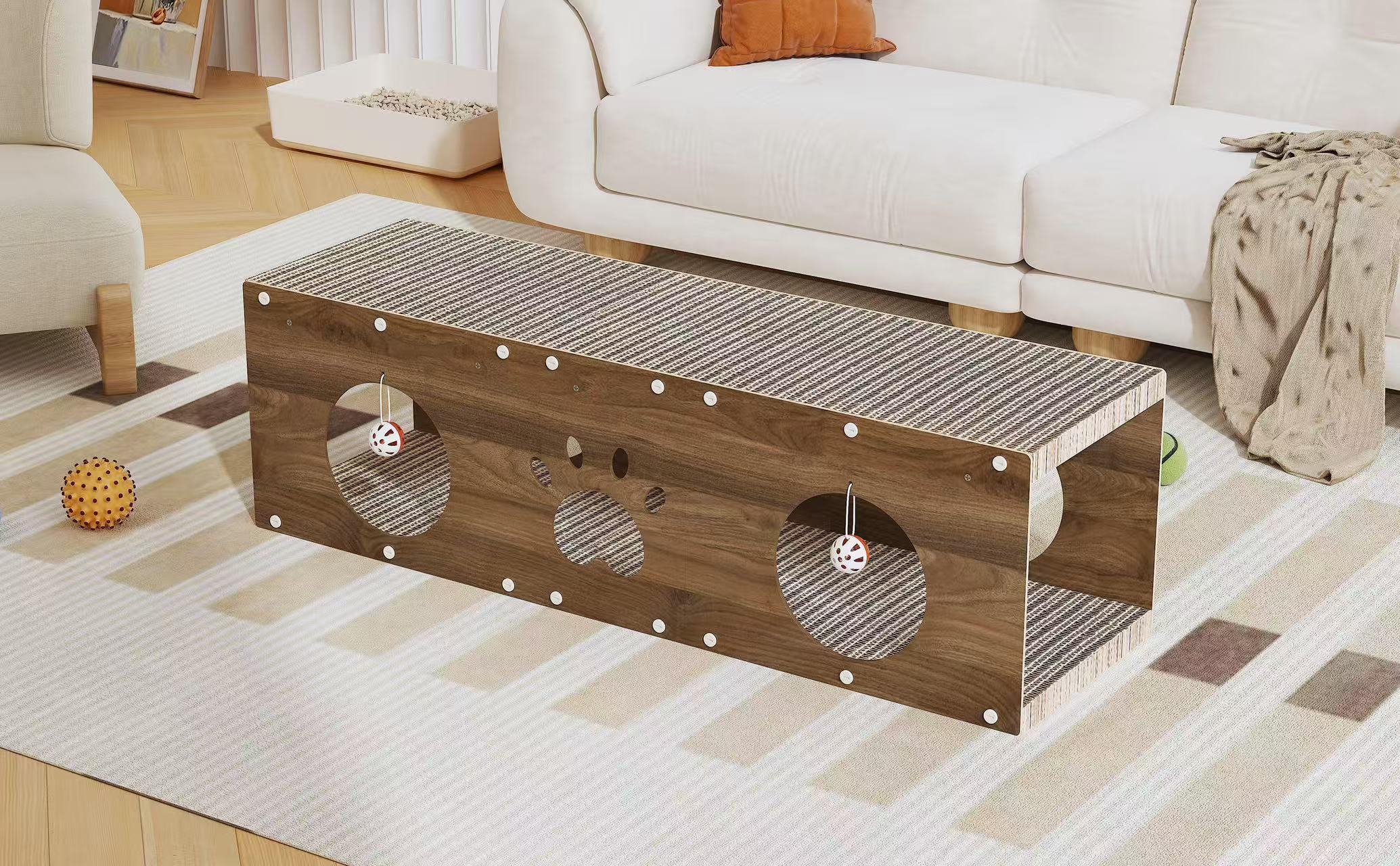 IRONCK Large Wooden Cat House & Scratcher with Ball Toy | Durable Pet Furniture for Indoor Cats, 2-in-1 Playhouse & Cat Bed