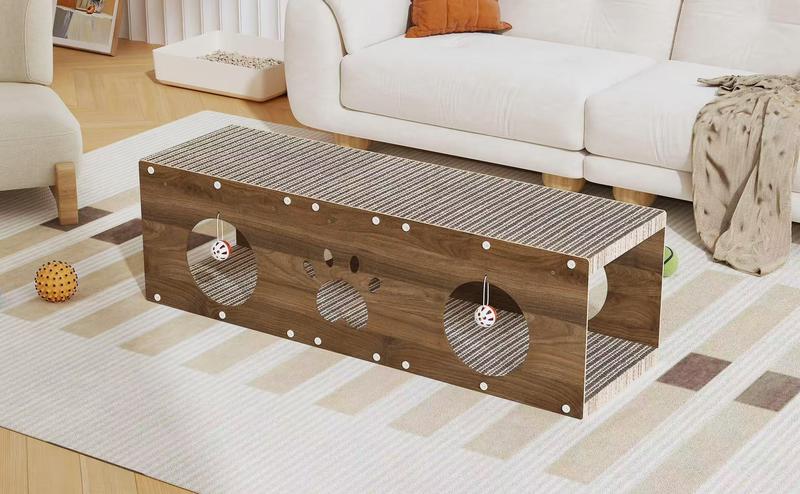 IRONCK Large Wooden Cat House & Scratcher with Ball Toy | Durable Pet Furniture for Indoor Cats, 2-in-1 Playhouse & Cat Bed