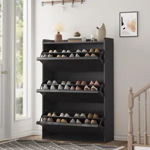 Shoe Cabinet with 3 Flip Drawers, Wooden Shoe Organizer with Adjustable Shelf, Shoe Storage for Entryway, Hidden Shoe Cabinet for Hallway, Black