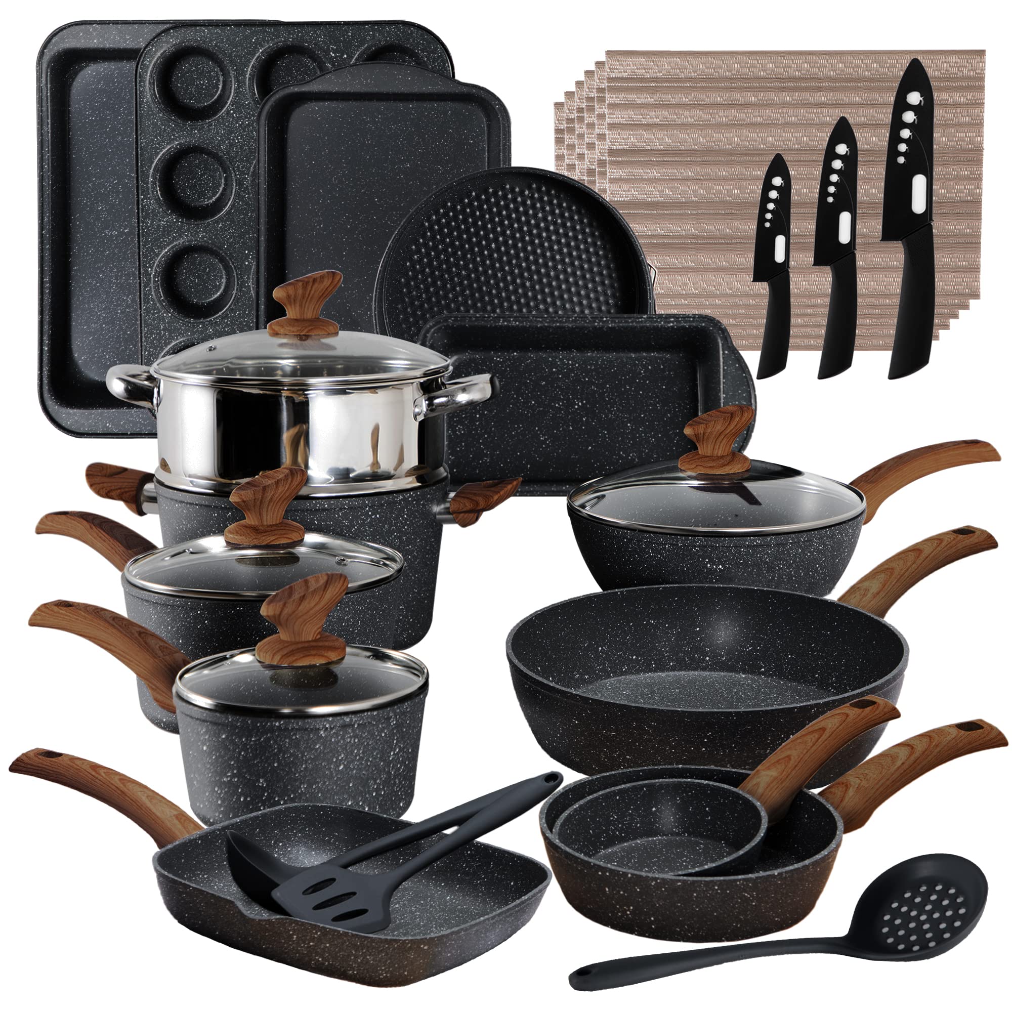 Kitchen Academy Set of 30 Pieces - Induction Cookware with Nonstick Granite Stone Coating, Includes 5 Casserole Lids, Various Woks and Frying Pans Kitchen Academy Set of 30 Pieces - Induction Cookware with Nonstick Granite Stone Coating, Includes 5 Casserole Lids, Various Woks and Frying Pans