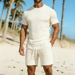 Men’s Relaxed Fit Solid Color Two-Piece Set – Crew Neck Short Sleeve Top + Drawstring Shorts, Vacation-Style Casual Sportswear