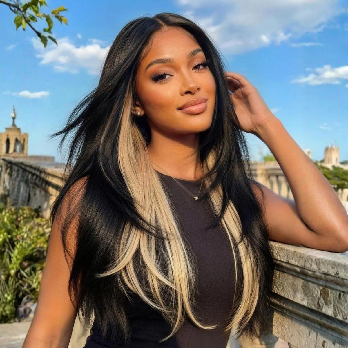 Nadula Byebye Slip Black with Blonde Peekaboo Highlights Layer Straight Wigs Glueless 7x5 HD Human Hair Wigs with Invisible Drawstring Summer Wigs for Beginners