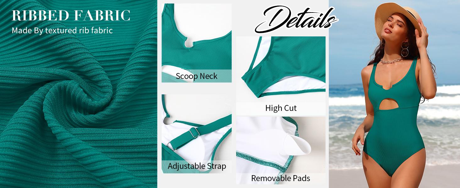 Charmo Ribbed One Piece Swimsuits for Women Cutout Scoop Neck Bathing Suit High Cut Padded Monokini Women's One-Piece