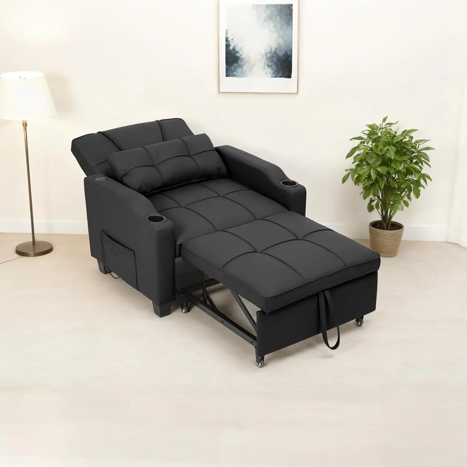 GAOMON 4-in-1 Upholstered Sofa Couch Sleeper Bed with Pull-Out Base - Single Seat Space-Saving Recliner Chair, Vibration Massage Pillow, USB-Type-C Port, Cup Holders & Side Pocket, Black