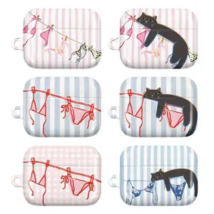 Cute Black Cat AirPods Case with Hanging Lingerie Line Print, Coquette Girly Aesthetic Pastel Stripe & Gingham Cartoon Design, Funny Kawaii Silicone Cover with Keychain – for AirPods 1 2 3 4 & AirPods Pro 1 2 3 – Trendy TikTok Gift for Her Women
