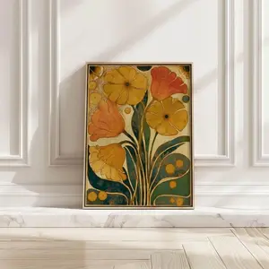 Retro Botanical Wall Art Mustard Yellow Flower Poster Mid-Century Modern Living Room Bedroom Decor (Unframed)