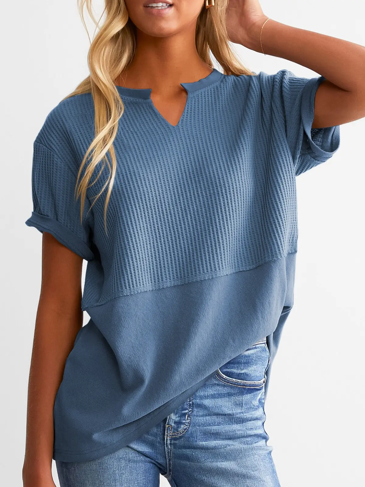Shewin Women's Waffle Knit Tunic Top, Casual V-Neck Short Sleeve Loose Fit Shirt, Lightweight Basic Summer Clothes for Beach, Party,back to school,back to school shopping, Fits, Fabric,clothes for back to school,first day of school outfits