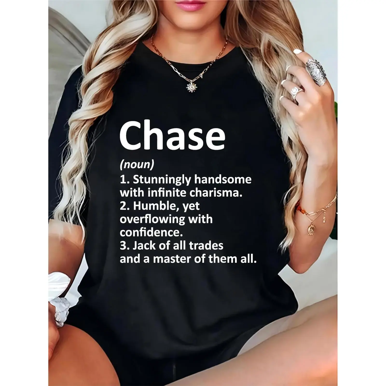 Women’s Black Short-Sleeve Cotton T-Shirt with 'Chase (noun)' Definition Print - Ladies' Essential Top, Comfortable Fit for Daily/Lounge Wear, Perfect Gift for Chase Enthusiasts