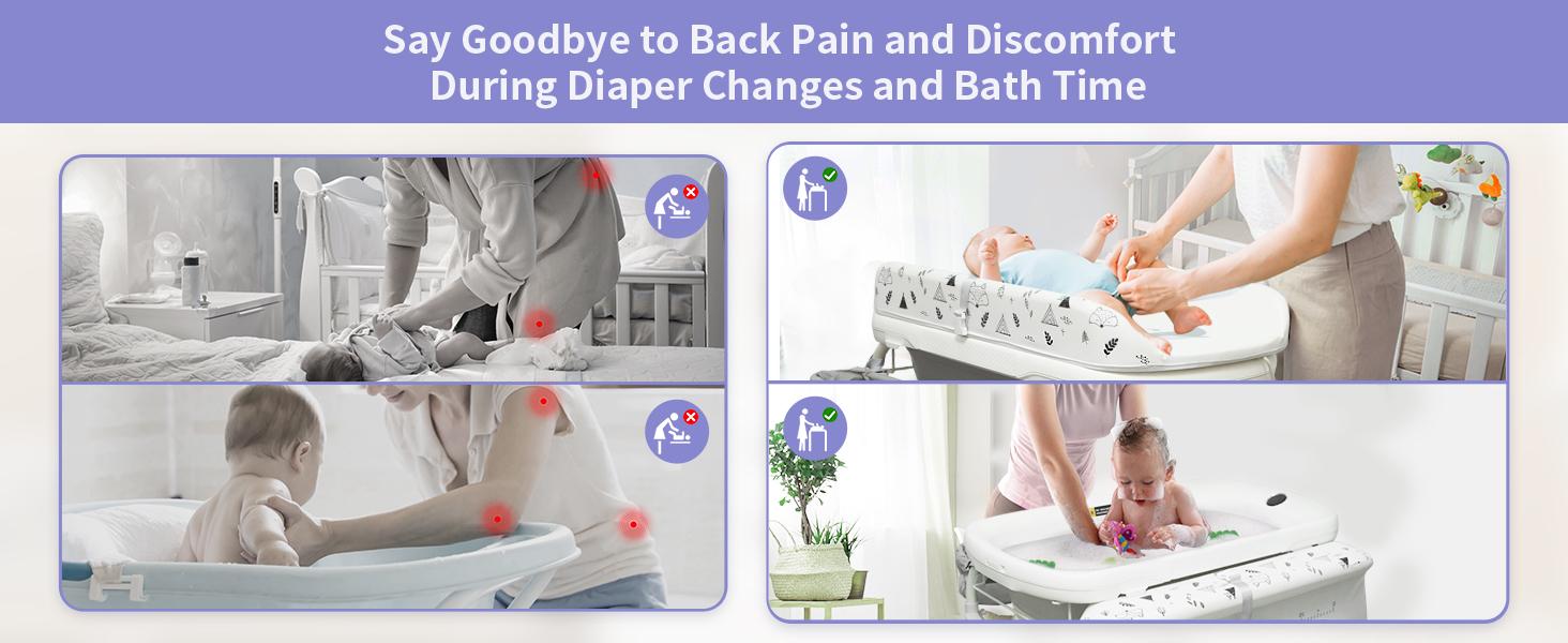 2in1 Baby Bathtub with Changing TableWaterproof Portable Diaper Changing Station, Adjustable Height Organizer with Storage for Newborns&Toddlers