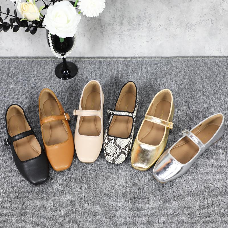 Women's Leather Mary Jane Ballet Flats Comfortable Slip-on Square Toe Soft Work Flats Classic Retro Footwear Flat Shoes for Daily Wear DB