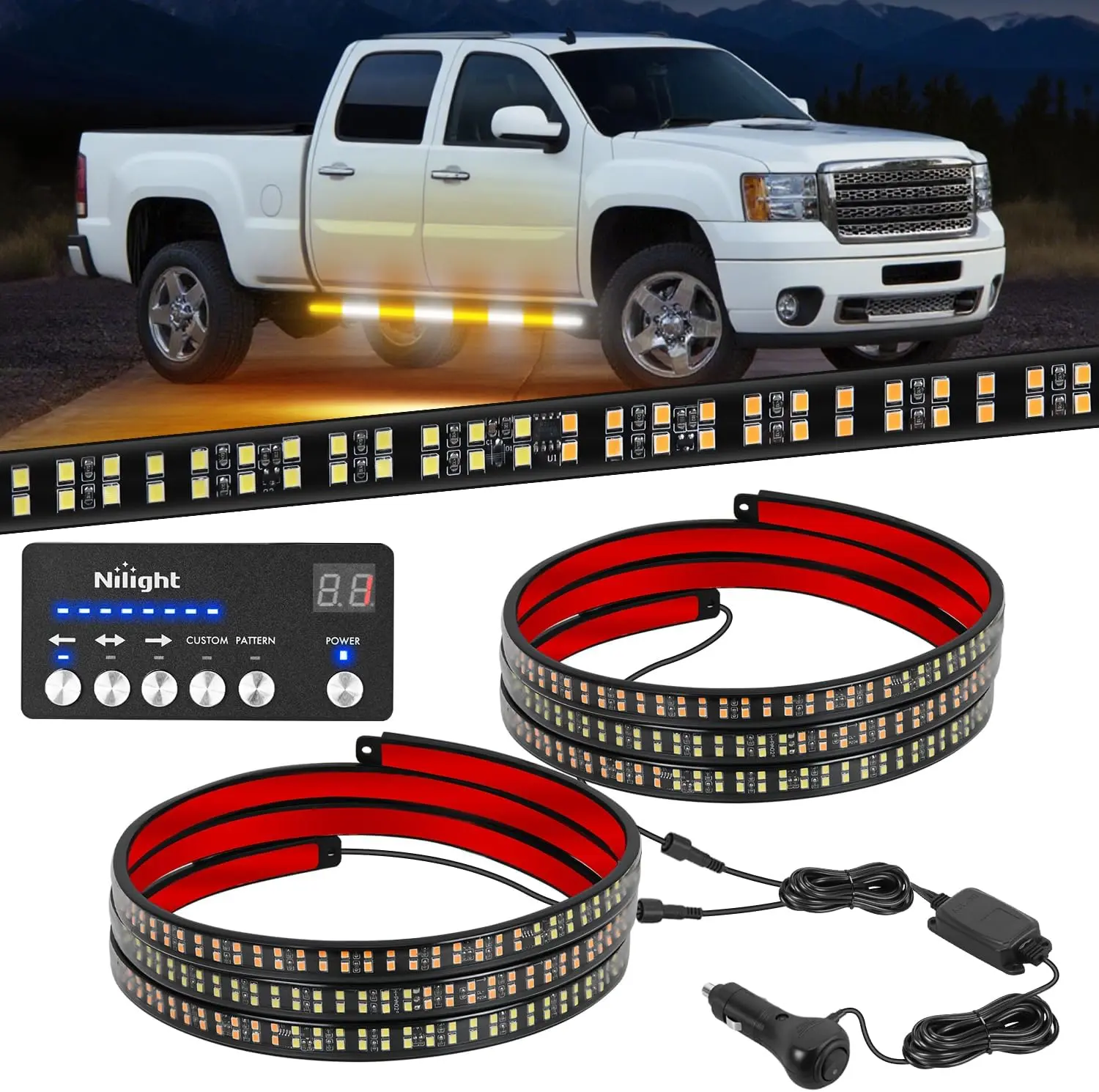 Nilight 2PCS 70in Strobe Strips with Controller, 864 LED Amber White Flexible Running Board Safety Lights, Waterproof Side Flashing Work Lights for Trucks, Construction Pickups, Strobe Lights For Trucks