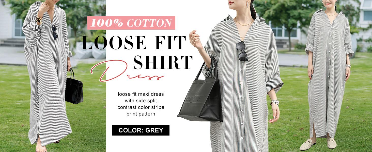 Chouyatou Women's Casual Long Sleeve Button Down Loose Striped Cotton Maxi Shirt Dress Grey Caftan Comfy Basic Batwing Sleeves Breathable Lightweight Beach Clothes Womenswear Bikini Elegant Fit SpringStatements Chouyatou Women's Casual Long Sleeve Button Down Loose Striped Cotton Maxi Shirt Dress Grey Caftan Comfy Basic Batwing Sleeves Breathable Lightweight Beach Clothes Womenswear Bikini Elegant Fit SpringStatements