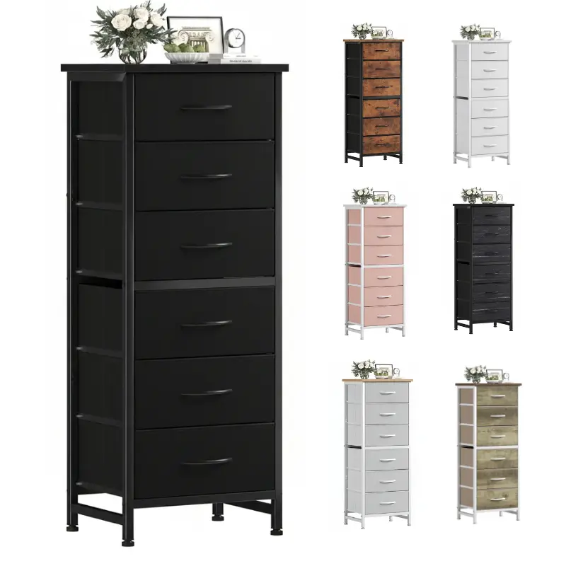 6-Drawer Tall Fabric Bin Dresser, Sturdy Metal Frame Wood Top Storage Organizer Unit, High-Cabinet Style Furniture for Bedroom, Closet, Entryway