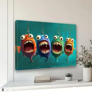 Framed Cartoon Fish Canvas Wall Art - Vibrant 3 Playful Fish Design on Recycled Wood Frame, Glossy Finish Home Decor for Living Room, Bathroom, Kitchen - Perfect Christmas Gift & Room Decoration, Fish Decor, Bathroom Artwork	