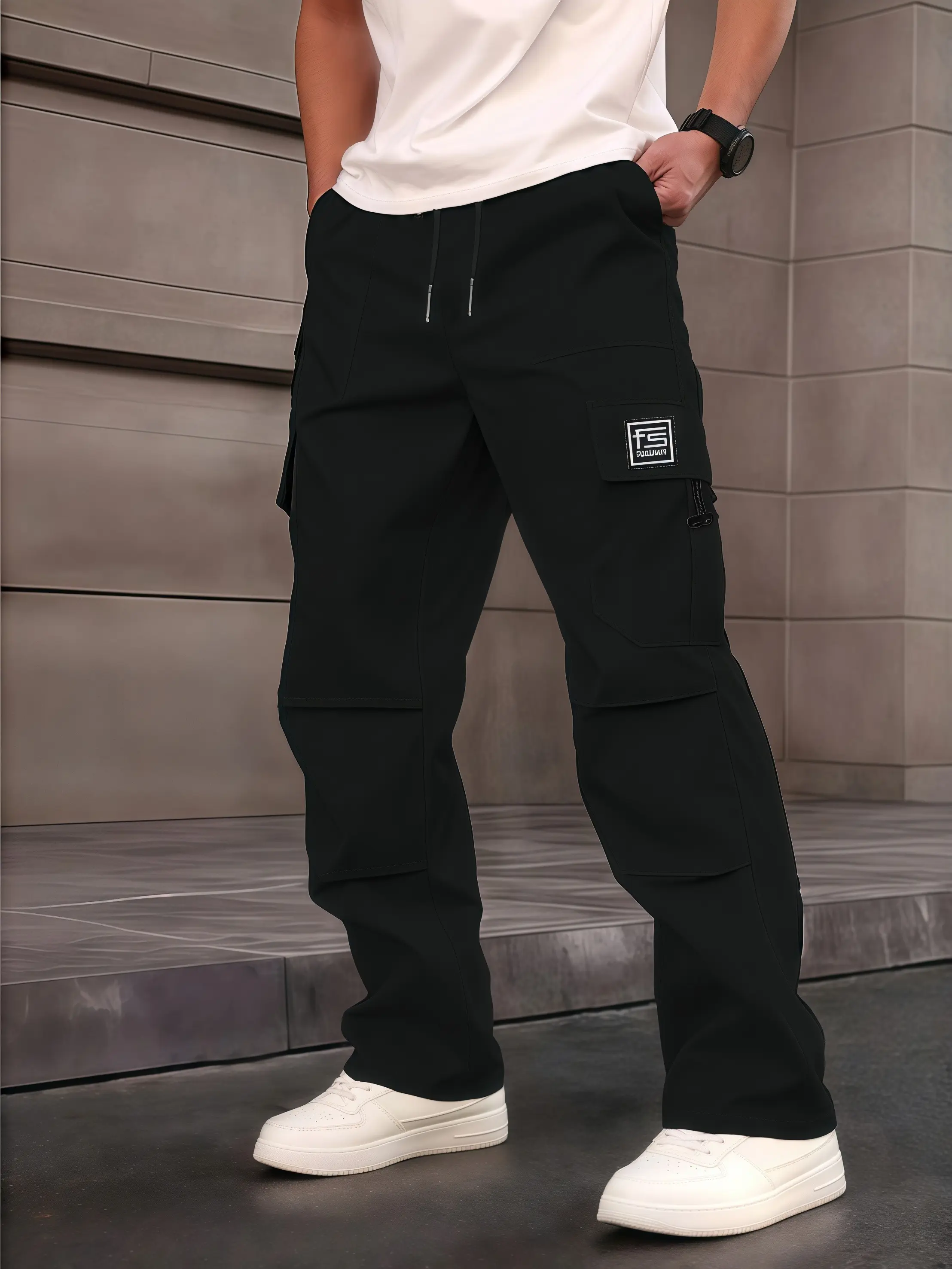 New men's fashionable casual pants Drawstring Multi-Pocket Work Pants