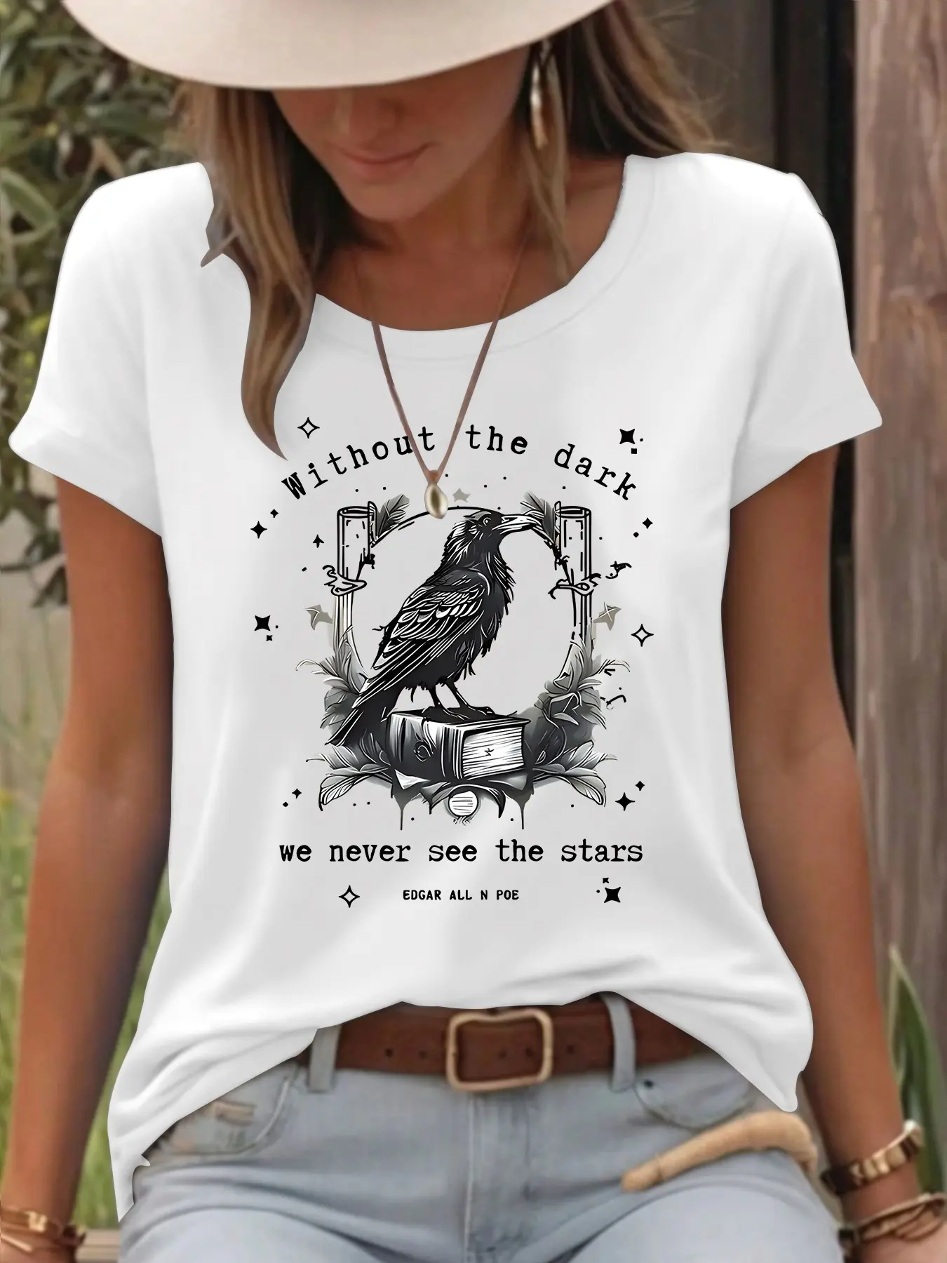 Spring Summer Edgar Allan Poe Art Raven Book Print Fitted T-Shirt, Fashion Comfort Casual Womenswear Lady Tee, Everyday Daily Wear Trendy Graphic Top, Casual Fashionable Top for Women
