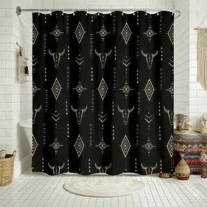 Western Boho Bull Skull Print Shower Curtain Country Farm Native West Aztec Indian Texas Longhorn Bull Skull Design White Beige Black Bath Curtain Set for Bathroom Home Decor with Hooks Birthday Housewarming Gift