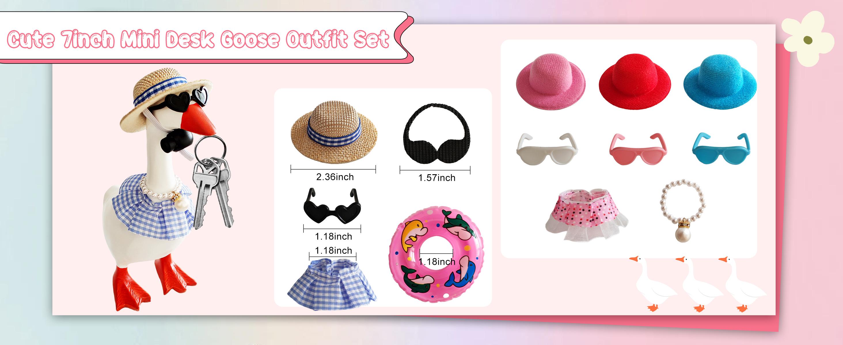 16PCS Mini Desk Goose Clothes with Hats, Sunglasses, Bikini,Swimming Ring, Dresses for Magnetic Porch Goose Key Holder Decor & Office Gifts