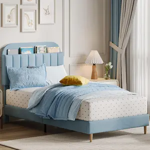 Blue Twin Bed Frame with Storage Headboard, Velvet Upholstered Platform Bedframe for Kids, Boy Bed, Strong Wooden Slats, Noise-Free, Easy Assembly, No Box Spring Needed,