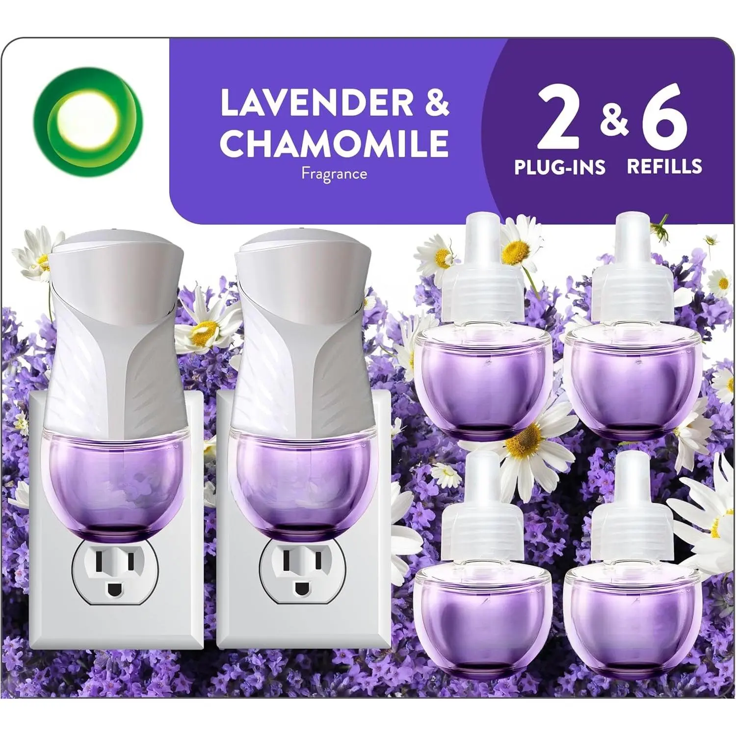 Eco-Friendly Scented Oil Plug-In Starter Kit - 2 Warmers, 6 Essential Oil Refills, Floral Lavender & Chamomile Scent, Calming Home Fragrance, All Seasons Indoor Air Freshener for Home Fragrance Enthusiasts, Floral Lavender Scent