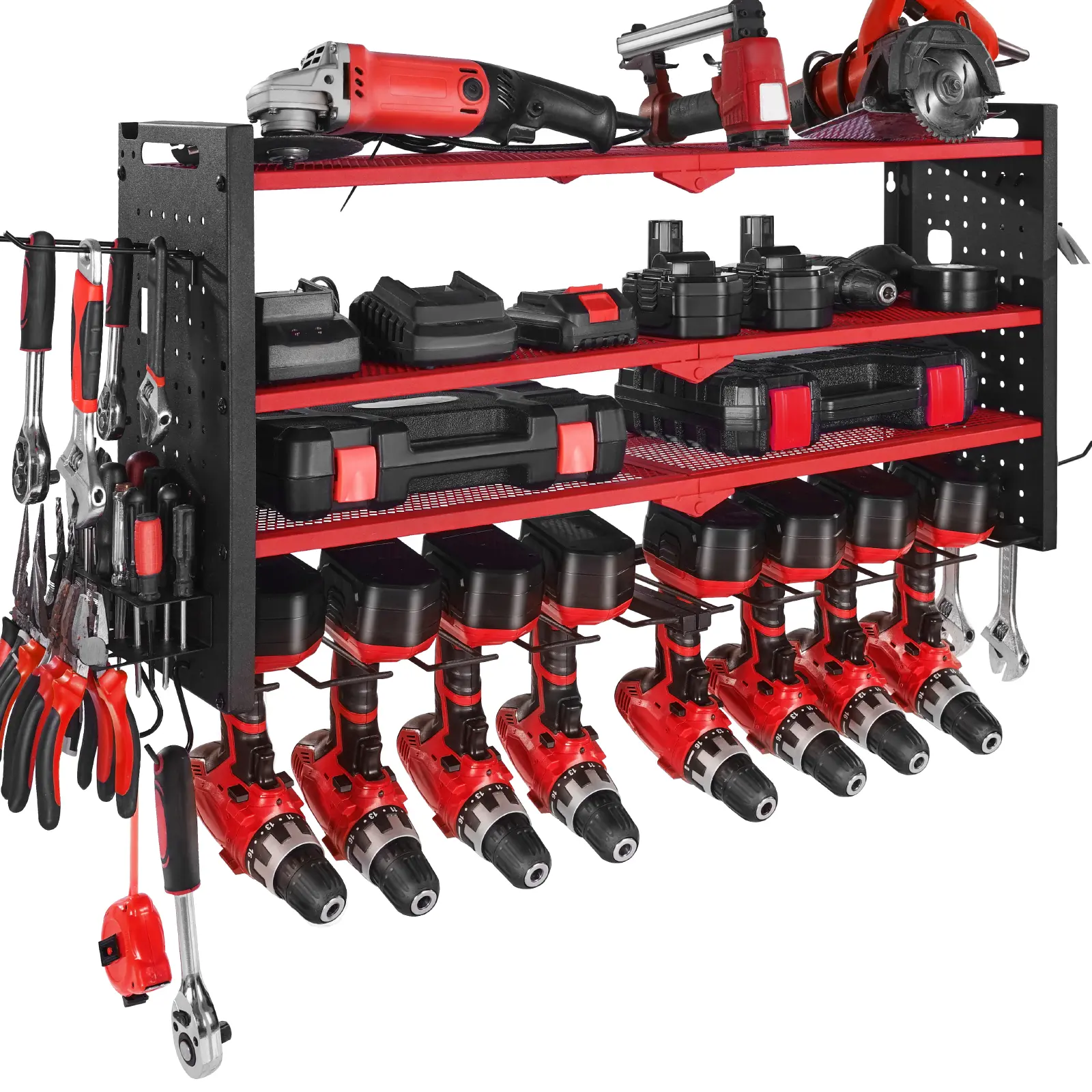 【Summerfinds】VEVOR Power Tool Organizer Wall Mount,4-Layer Storage Rack with 8 Drill HoldersTools Holder and Storage Rack with Side PegboardsGarage Tool Organizer for GarageWorkbenchand Workshop, Heavy Duty, Construction Tool Organizer