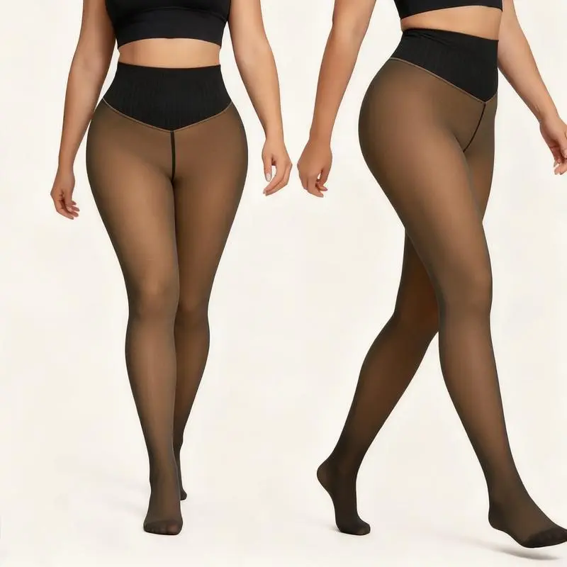Plus-Size Fleece-Lined Tights, Chic Winter Warm Fake Translucent Style with Compression, Stretchy Polyester that Fits Short and Tall Women, Sweaters, Oversized, Compression Band, Nylon Blend, Spandex, Sporty Chic, Plain, Compression Fit