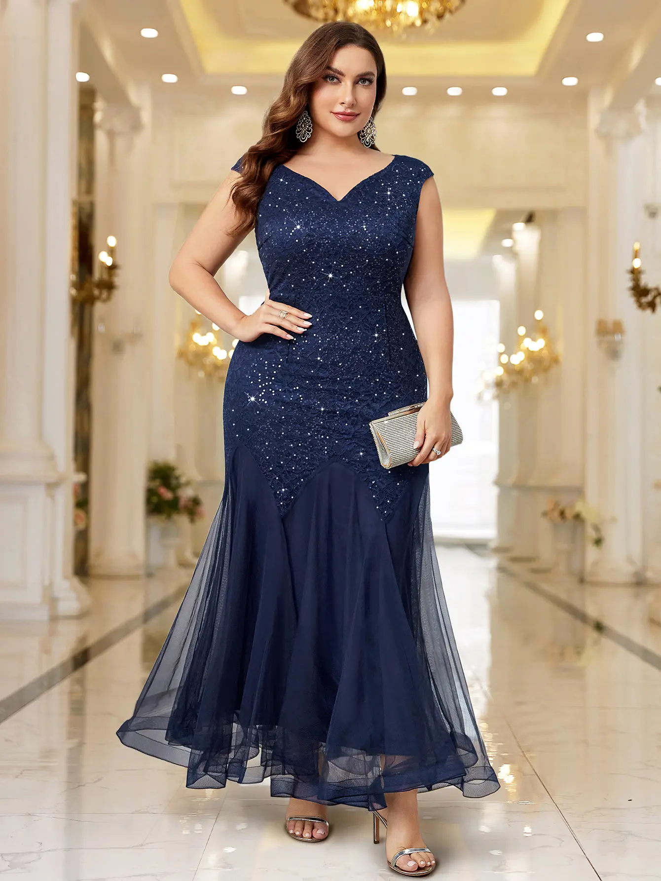 【Plus Size】missmay P23163 Women's Plus Size Elegant V-Neck Sleeveless Sparkly Sequins Embellished Dress with Contrast Lace Detail, Tulle Mermaid Hem, Zipper, Solid Formal Evening Party Maxi Dress