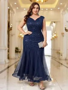 【Plus Size】Missmay P23163 Women's Plus Size V-Neck Sleeveless Sequins Lace Tulle Mermaid Hem Solid Formal Evening Party Maxi Dress