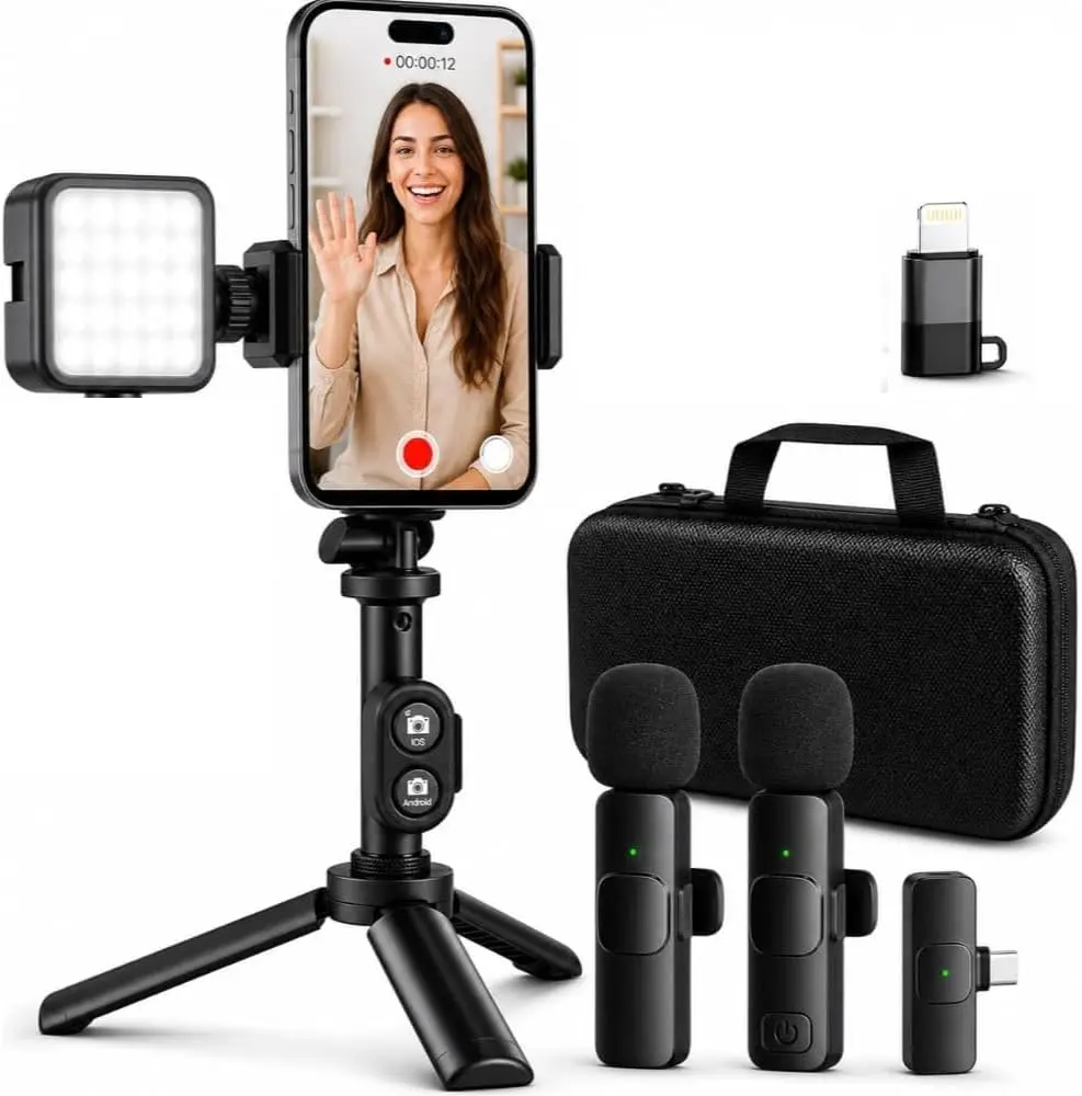 Compact Mobile Vlogging Equipment Kit - Adjustable Selfie Stick, Wireless Bluetooth Microphone, LED Lights, Tripod for iPhone/Android, Cellphone Accessories for YouTube Filming, Recording Creators, Complete Kit