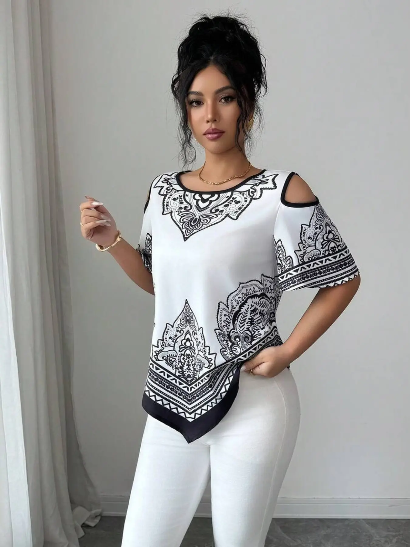 Elegant Printed Oversized Short Sleeve Top, Asymmetrical Hem, Women's Church Shirt, Romantic Vintage Style, Summer Fashion