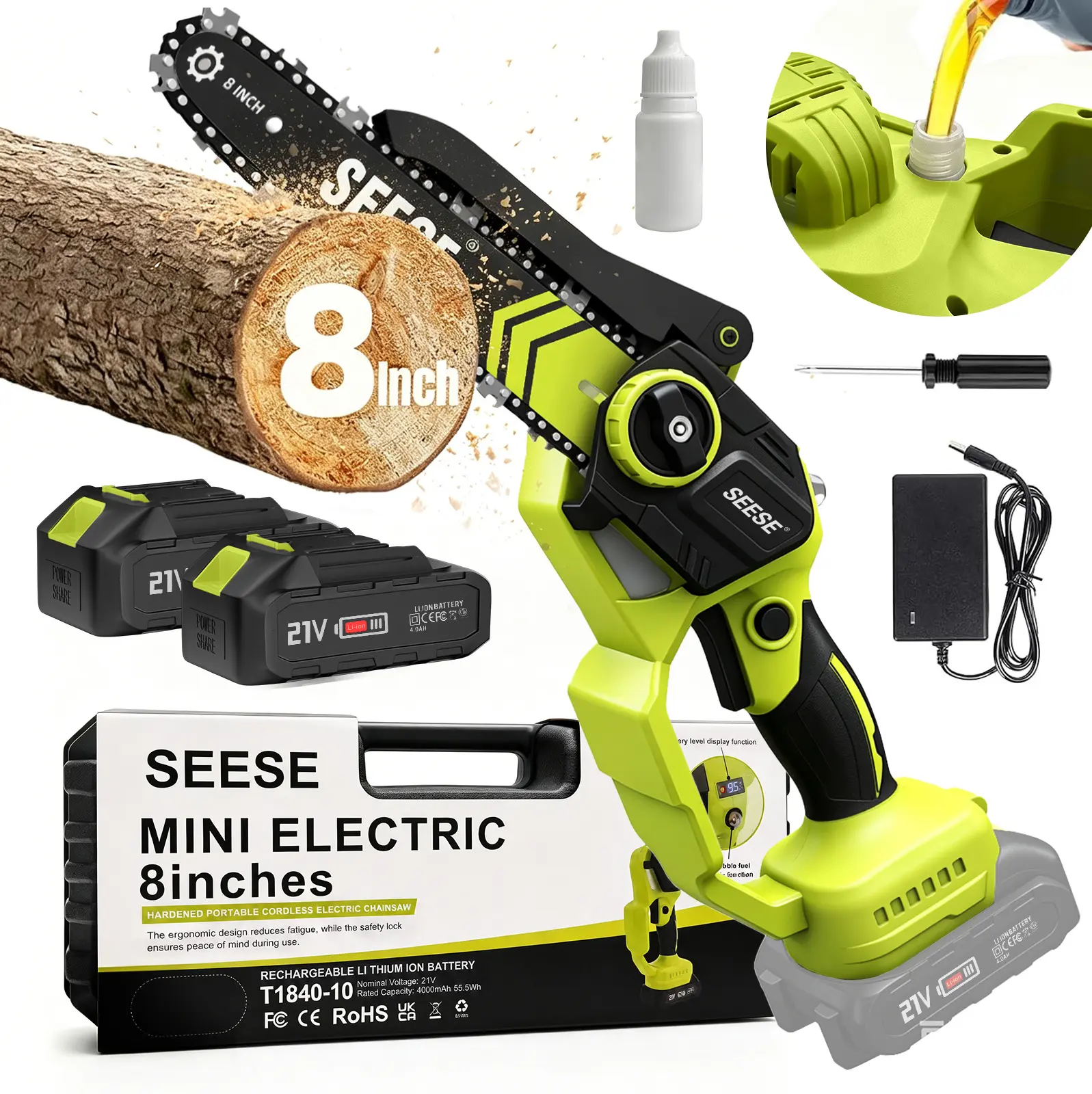 SEESE Brushless Mini 8"ChainSaw Oil System- Portable Electric Cordless Saw for Wood Cutting, Batteries (2000mAh) ,Pruning, Gardening, Camping - Suitable for Seniors, Women Holiday gifts